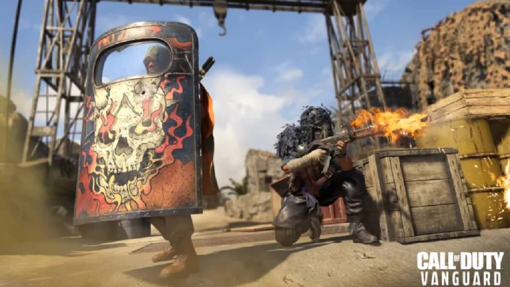 Dois personagens masculino se defendendo dos inimigos no jogo Call of Duty.